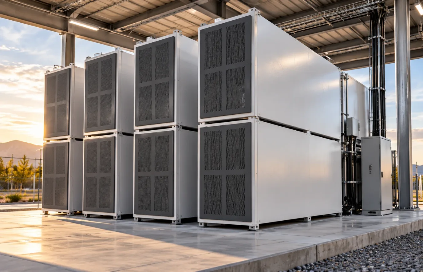 Modular enclosures under an open canopy at dusk, with cable risers running to a control cabinet