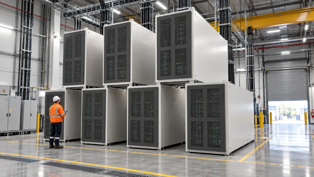 Concept render: modular enclosures with dark perforated front panels stacked two high in an industrial hall, with a technician alongside for scale